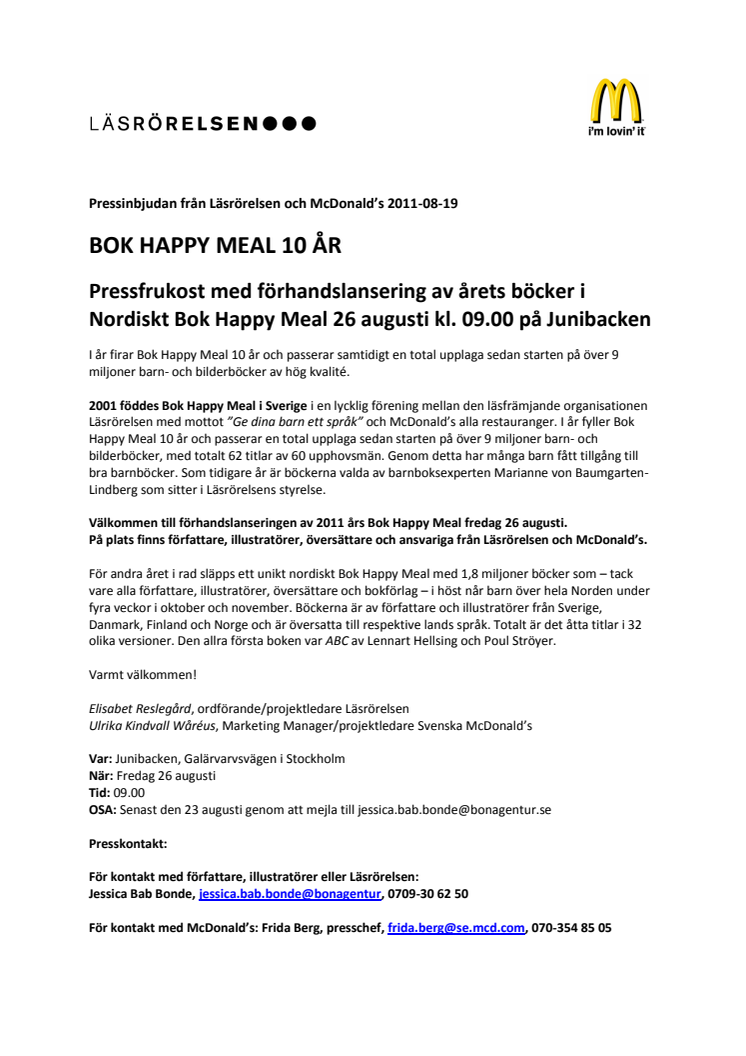 BOK HAPPY MEAL 10 ÅR: Pressinbjudan från Läsrörelsen och McDonald’s 2011-08-19