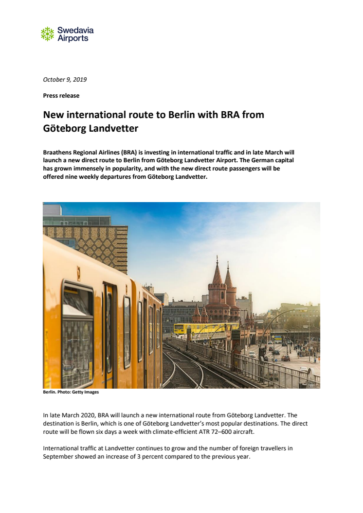 New international route to Berlin with BRA from Göteborg Landvetter 