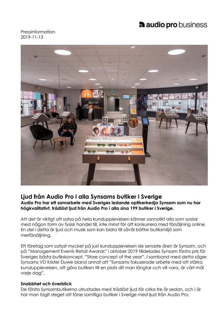 Ljud från Audio Pro i alla Synsams butiker i Sverige