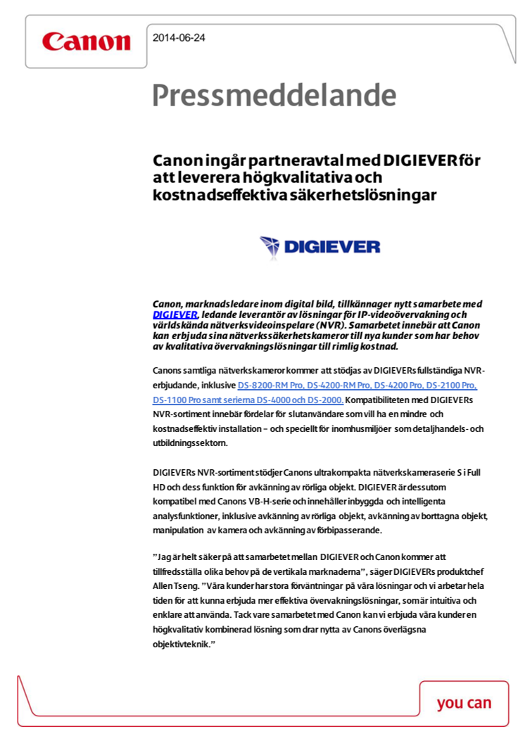 Canon ingår partneravtal med DIGIEVER för att leverera högkvalitativa och kostnadseffektiva säkerhetslösningar 