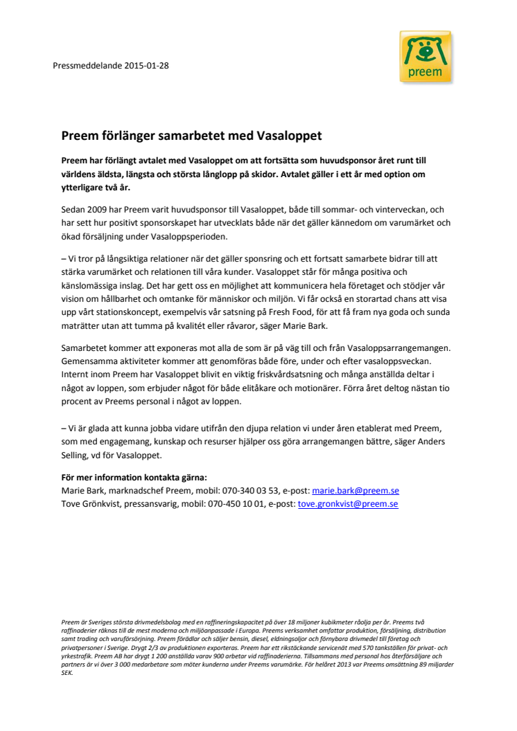 Preem förlänger samarbetet med Vasaloppet