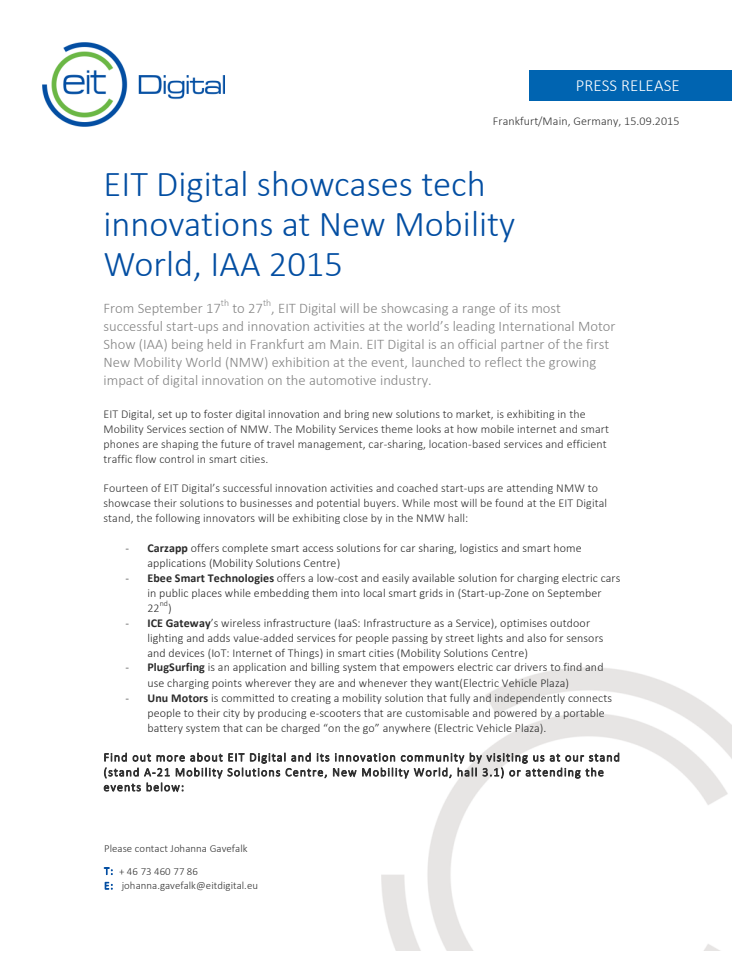 EIT Digital showcases tech innovations at New Mobility World, IAA 2015
