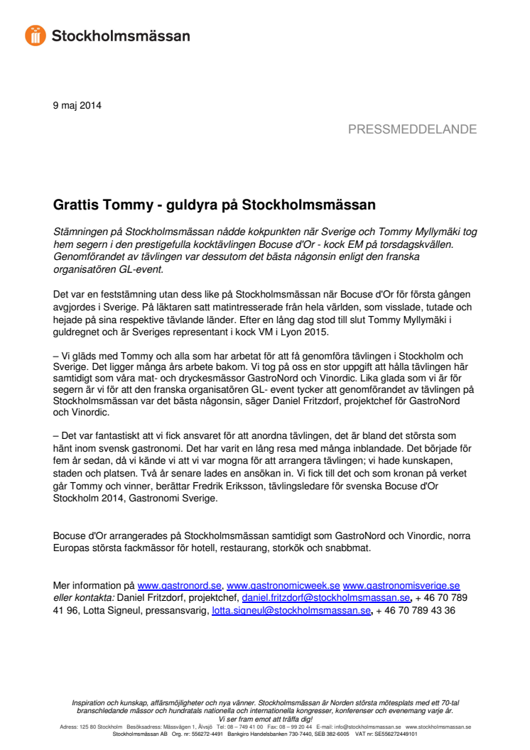 Grattis Tommy - guldyra på Stockholmsmässan