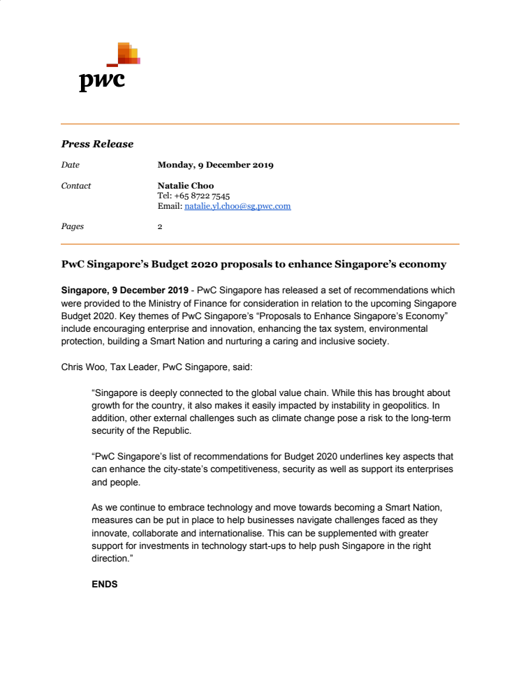 PwC Singapore’s Budget 2020 proposals to enhance Singapore’s economy