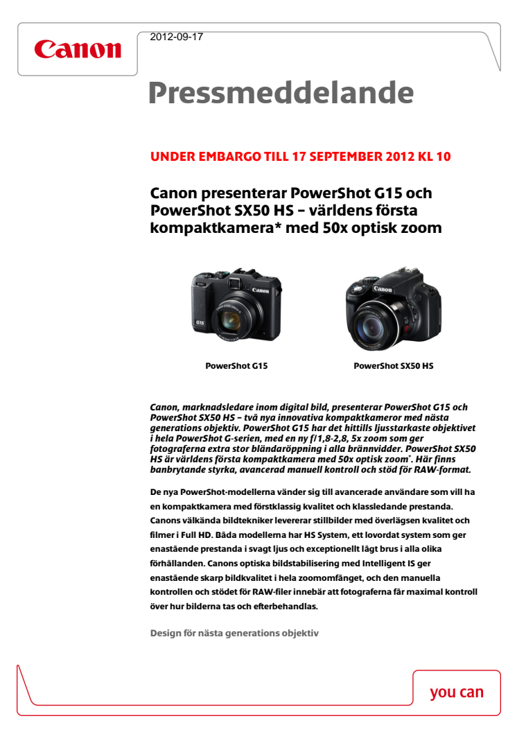 Canon presenterar PowerShot G15 och PowerShot SX50 HS – världens första kompaktkamera* med 50x optisk zoom