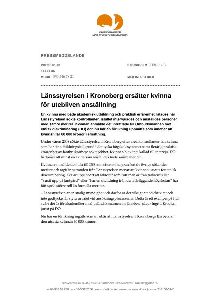 Länsstyrelsen i Kronoberg ersätter kvinna för utebliven anställning