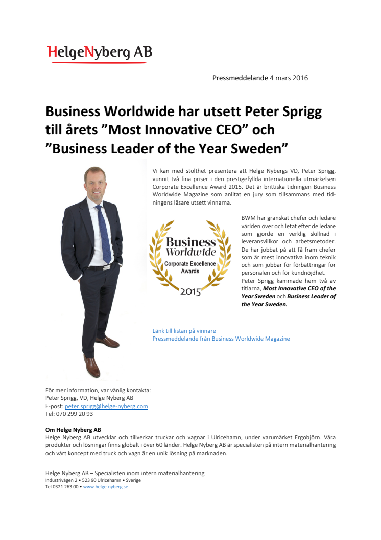Internationell utmärkelse till Helge Nybergs VD Peter Sprigg