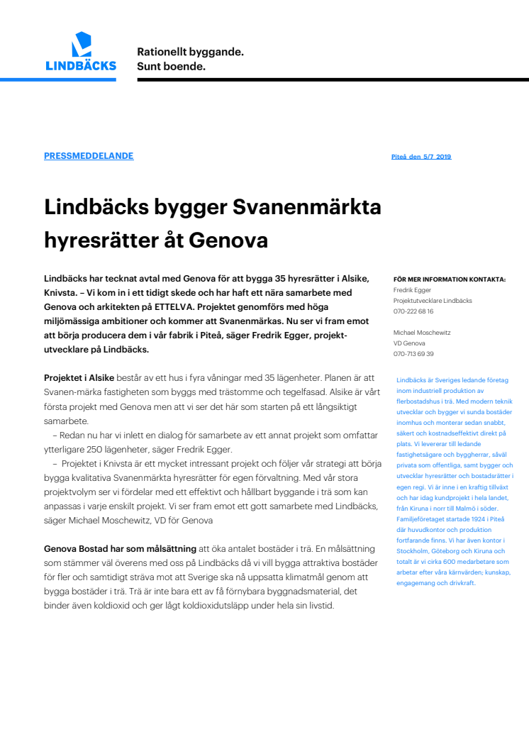 Lindbäcks bygger Svanenmärkta hyresrätter åt Genova