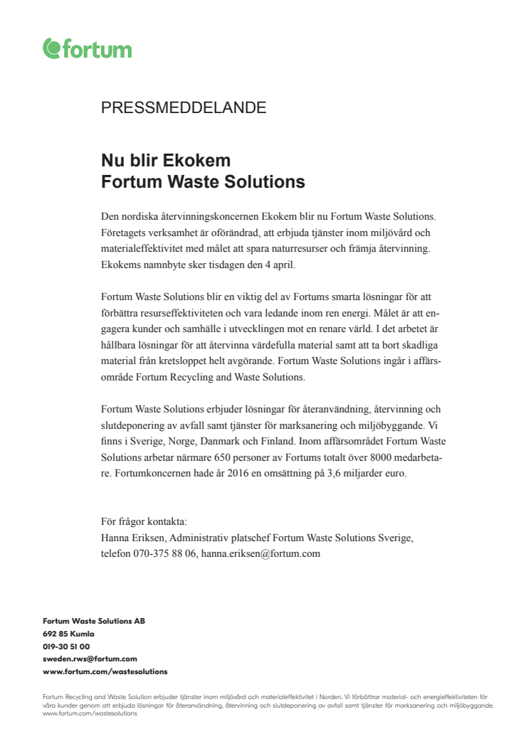 Nu blir Ekokem Fortum Waste Solutions