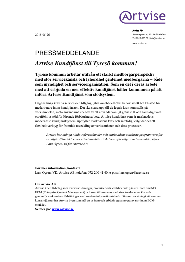 Artvise Kundtjänst till Tyresö kommun!