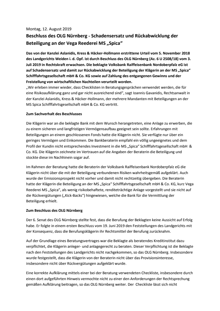 Beschluss des OLG Nürnberg: Schadensersatz und Rückabwicklung der Beteiligung an der Vega Reederei MS „Spica“