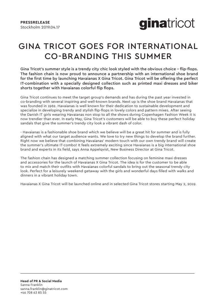 GINA TRICOT GOES FOR INTERNATIONAL CO-BRANDING THIS SUMMER