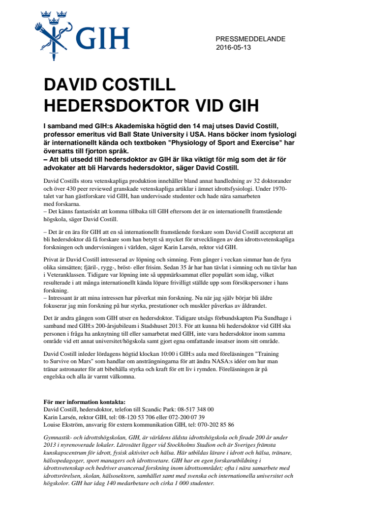 David Costill hedersdoktor vid GIH