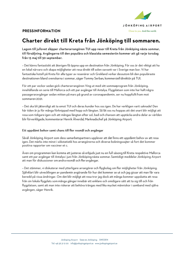 Charter direkt till Kreta från Jönköping till sommaren.