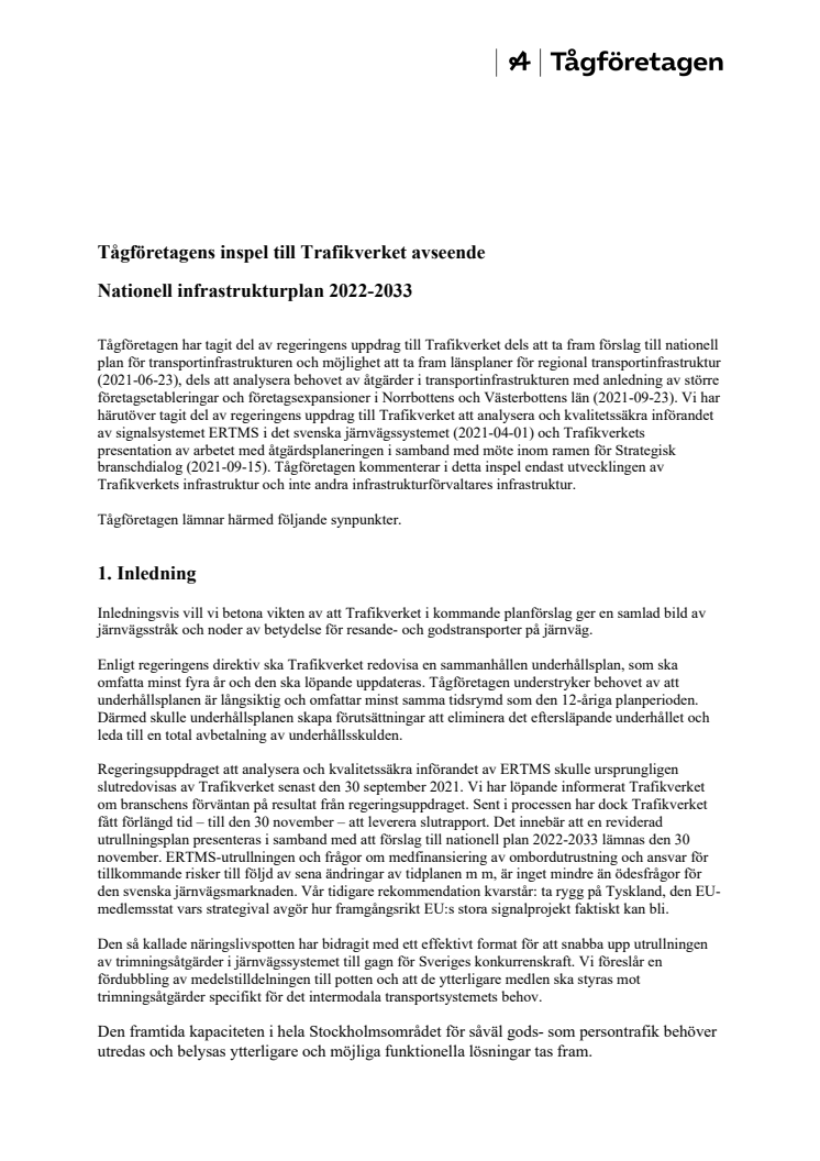 Tågföretagens inspel till Trafikverket avseende Nationell infrastrukturplan 2022-2033