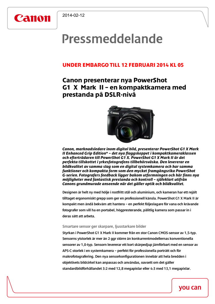 Canon presenterar nya PowerShot G1 X Mark II – en kompaktkamera med prestanda på DSLR-nivå