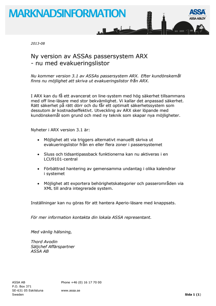 Ny version av ASSAs passersystem ARX - nu med evakueringslistor