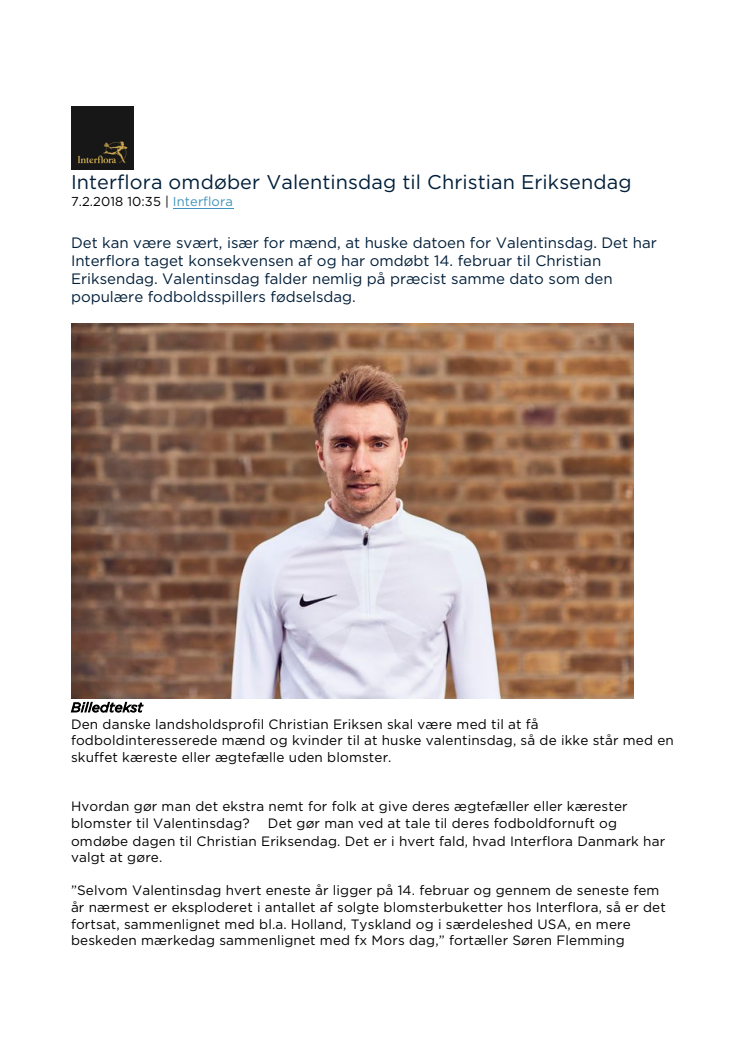 Interflora omdøber Valentinsdag til Christian Eriksendag