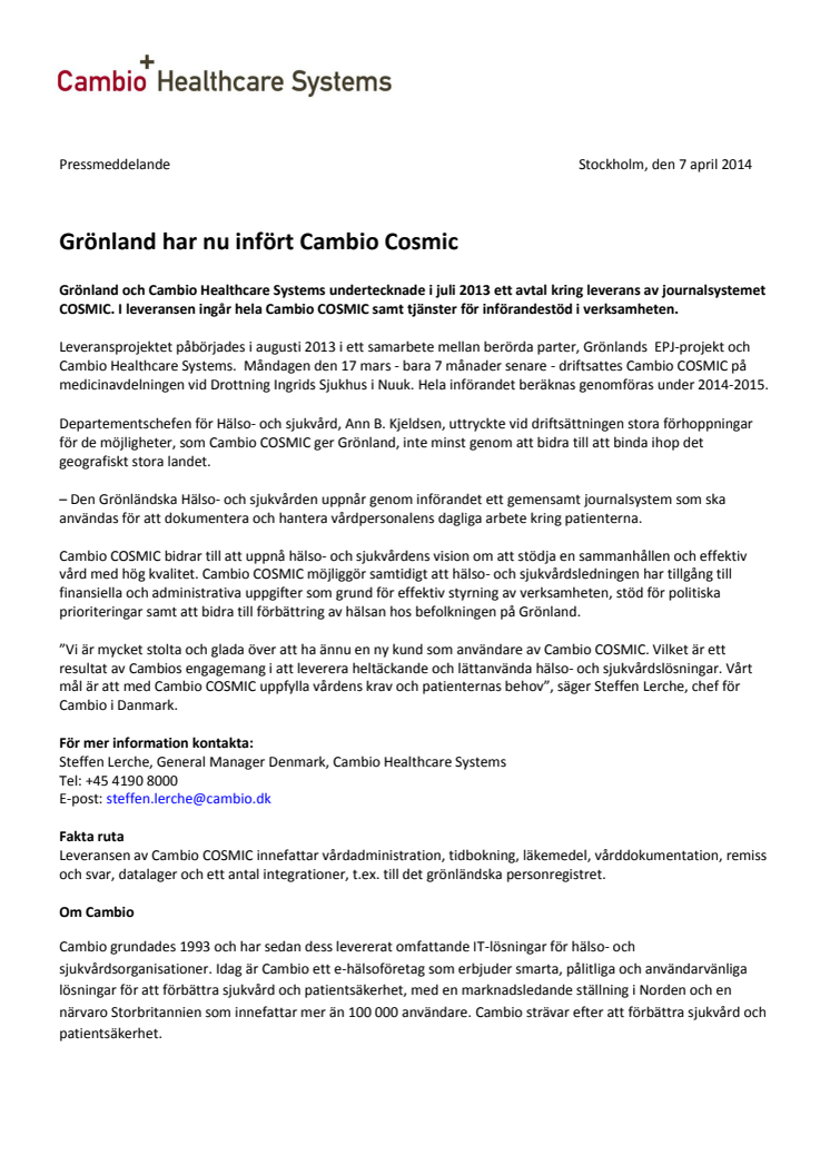 Grönland har nu infört Cambio COSMIC