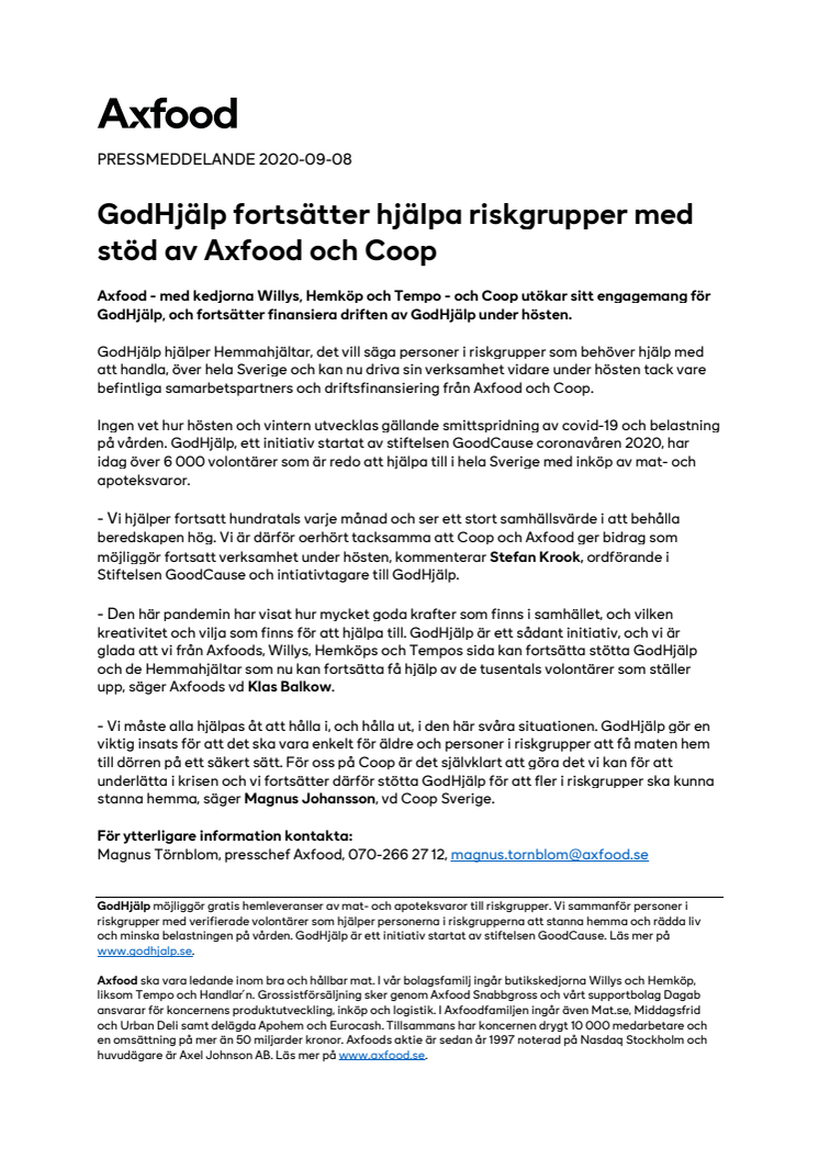 GodHjälp fortsätter hjälpa riskgrupper med stöd av Axfood och Coop