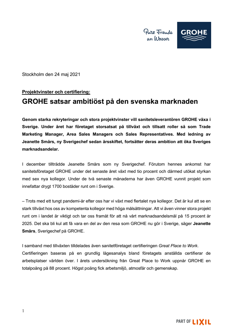 GROHE satsar ambitiöst på den svenska marknaden