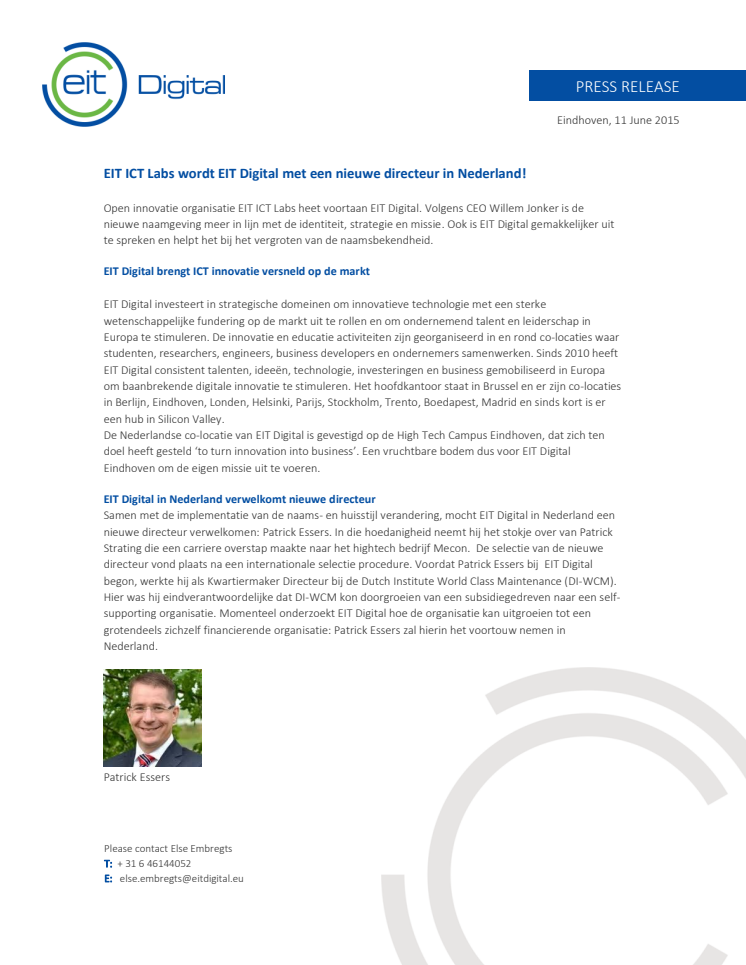EIT ICT Labs wordt EIT Digital met een nieuwe directeur in Nederland!
