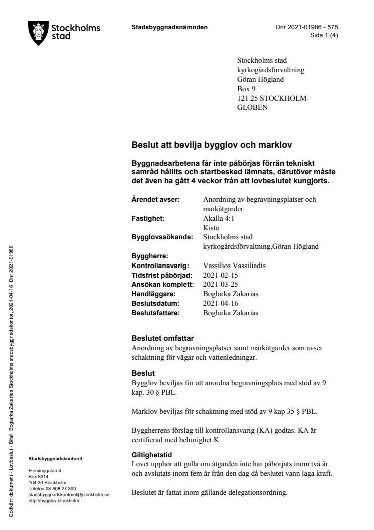 Bygglov för "anordning av begravningsplatser", 16 april 2021