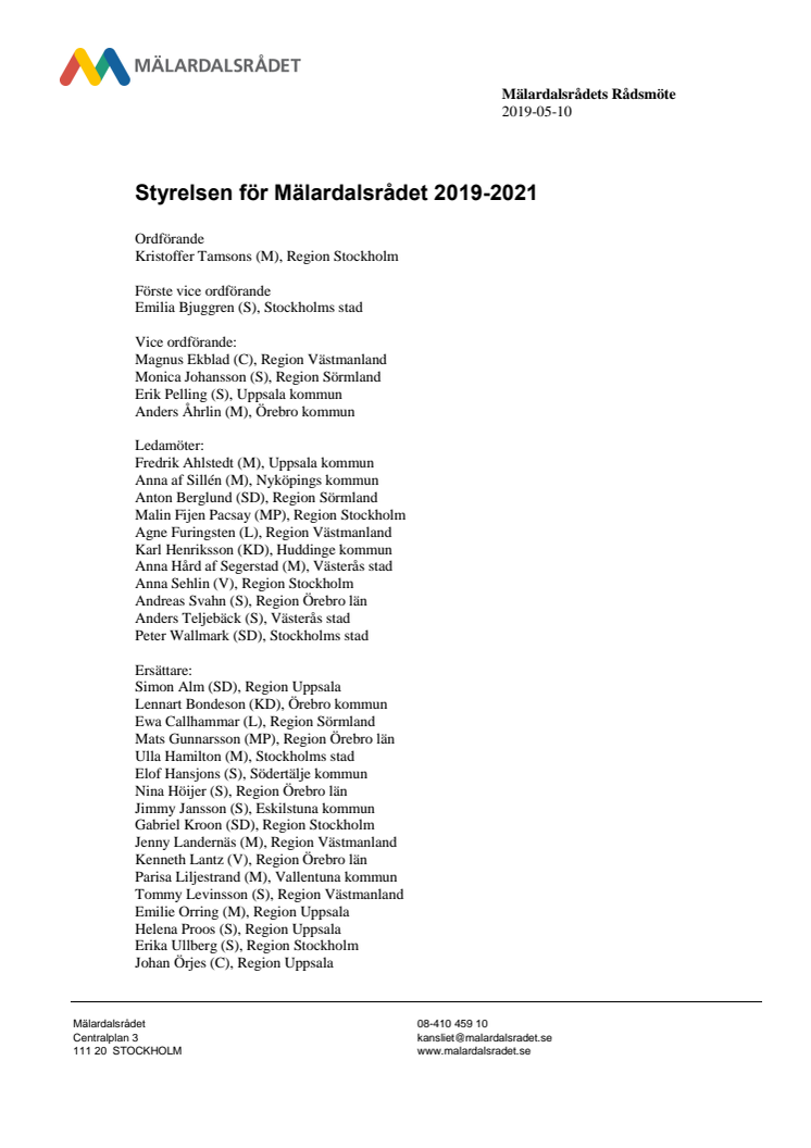 Mälardalsrådets styrelse 2019-2021