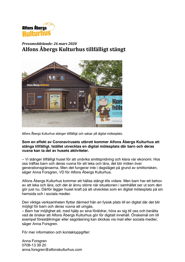 Pressmeddelande Alfons Åbergs Kulturhus tillfälligt stängt