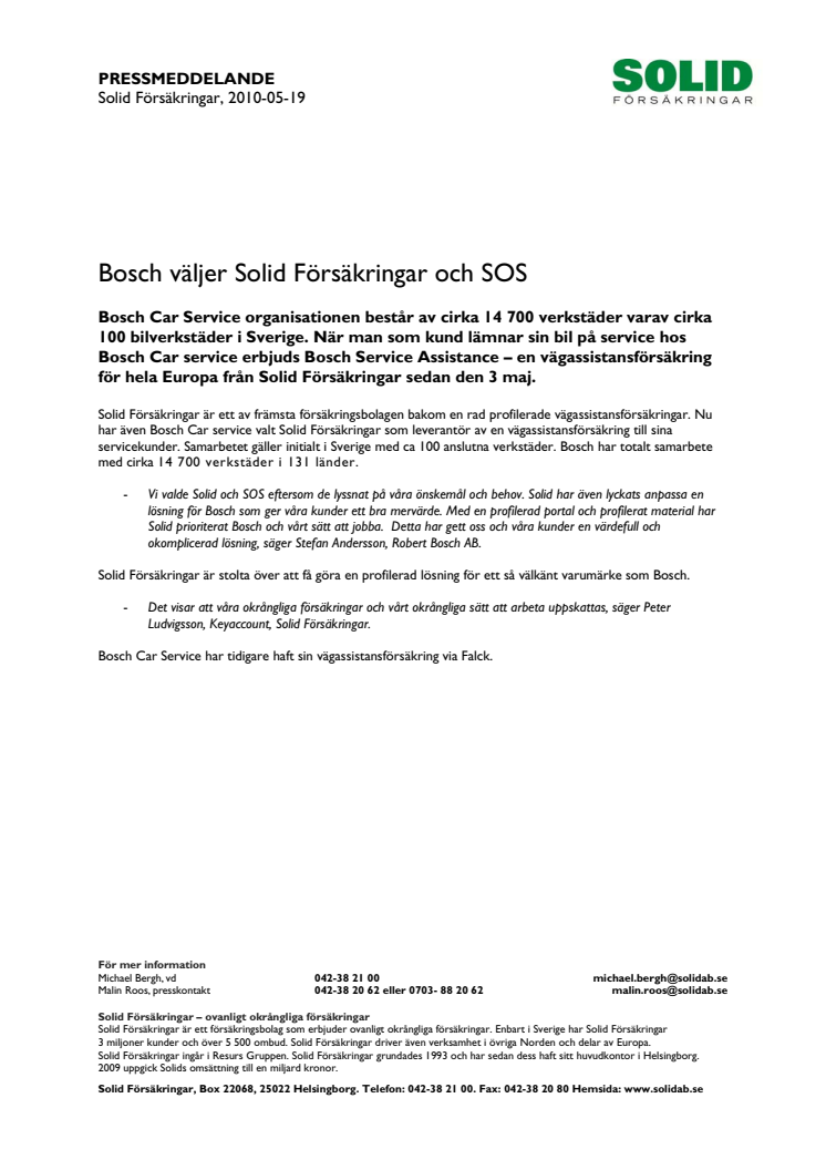 Bosch väljer Solid Försäkringar och SOS för vägassistansförsäkring