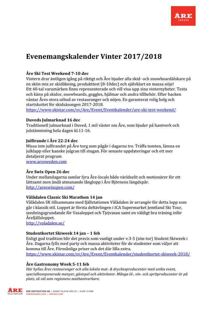 Eventkalender Vinter 2017-2018