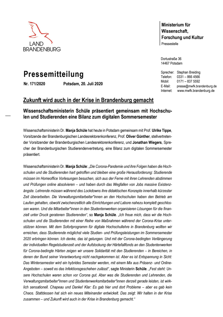 Zukunft wird auch in der Krise in Brandenburg gemacht - Wissenschaftsministerin Schüle präsentiert gemeinsam mit Hochschulen und Studierenden eine Bilanz zum digitalen Sommersemester