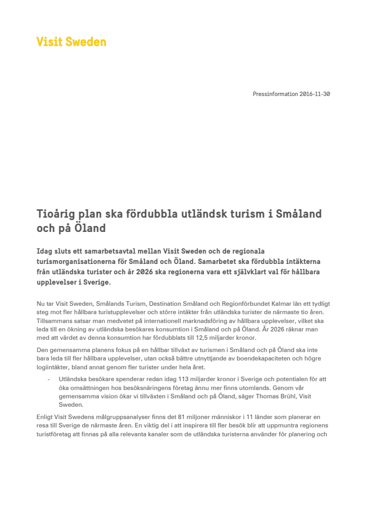 Tioårig plan ska fördubbla utländsk turism i Småland och på Öland