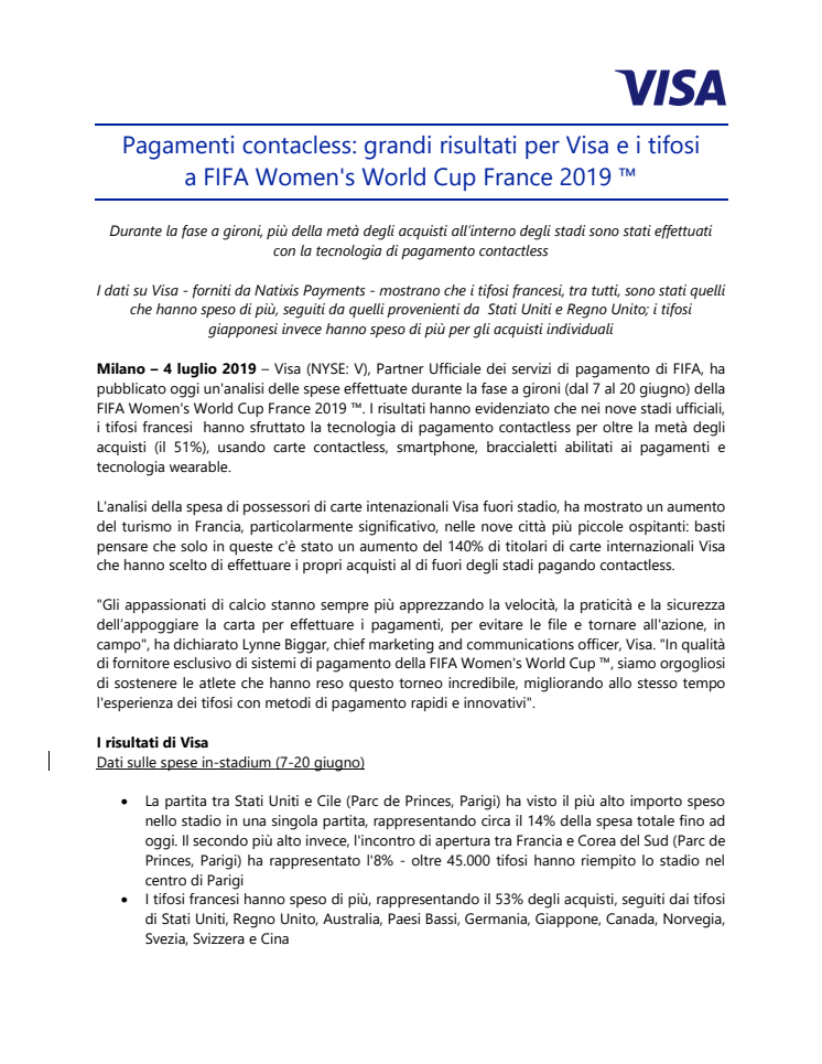 Pagamenti contacless: grandi risultati per Visa e i tifosi a FIFA Women's World Cup France 2019 ™