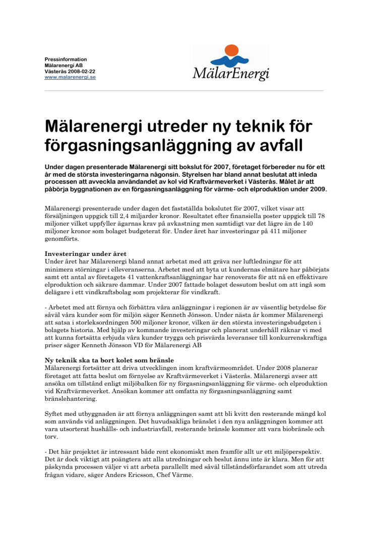 Mälarenergi utreder ny teknik för förgasningsanläggning av avfall
