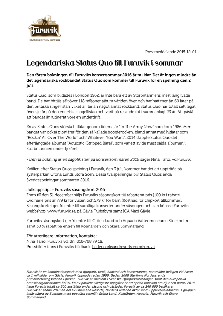 Legendariska Status Quo till Furuvik i sommar