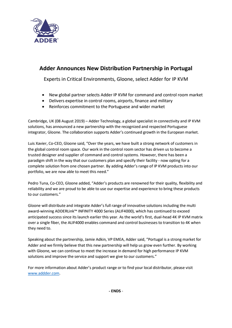 Adder Announces New Distribution Partnership in Portugal