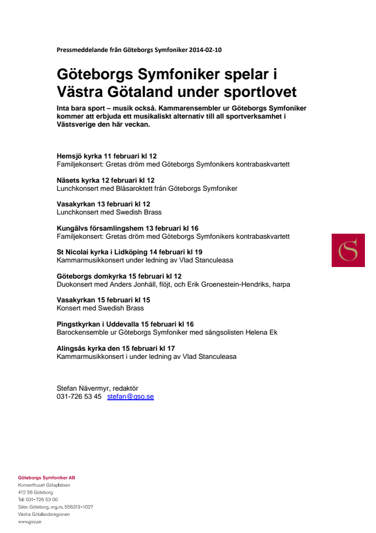 Göteborgs Symfoniker spelar i Västra Götaland under sportlovet