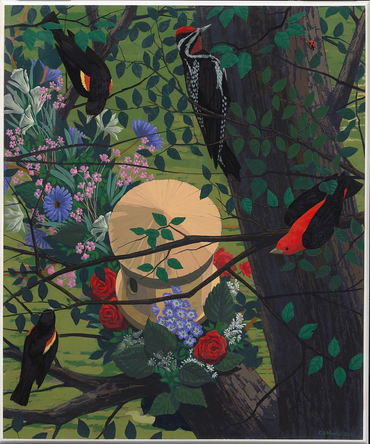 Kerry James Marshall,  Black and  part Black Birds in America (Reed wing Blackbirds, Yello Sapsucker, Scarlet Tanger), 2021. © Marshall, Kerry James BONO. Foto Nasjonalmuseet  Børre Høstland.jpg