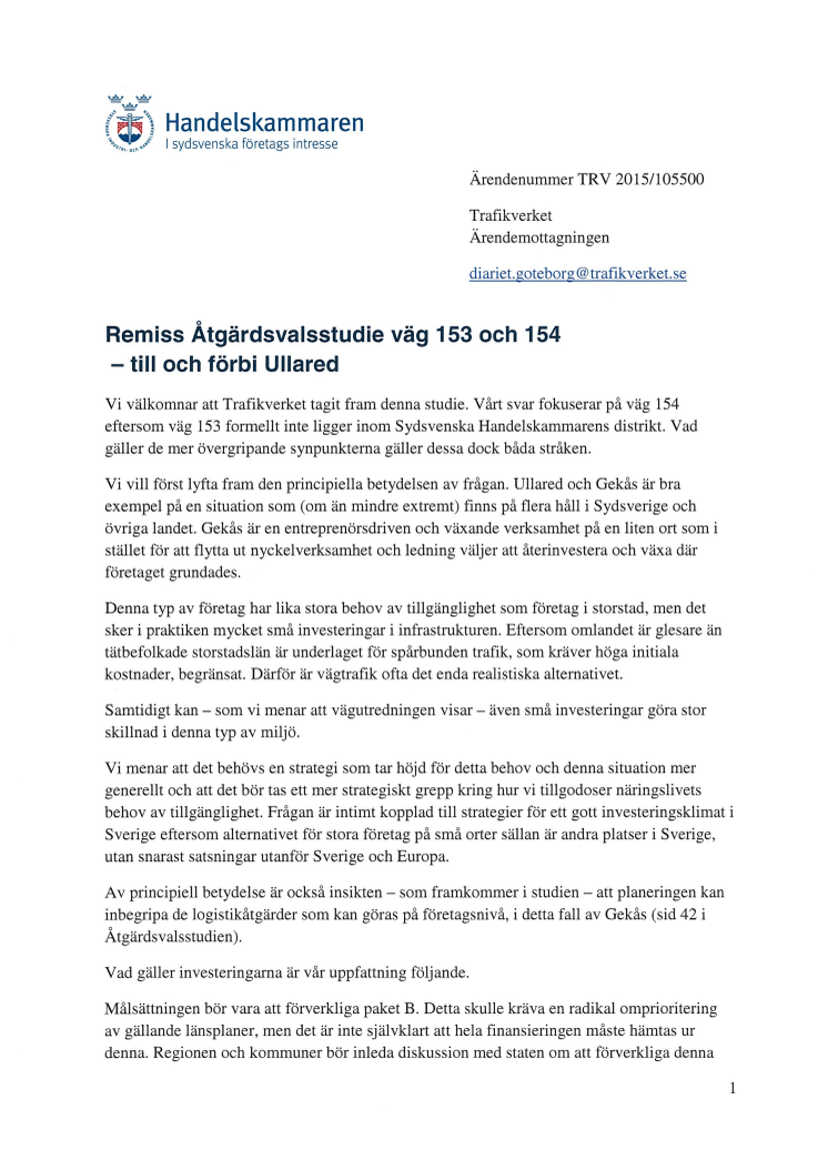 Remissvar TRV 2015-105500 Åtgärdsvalsstudie väg 153 och 145