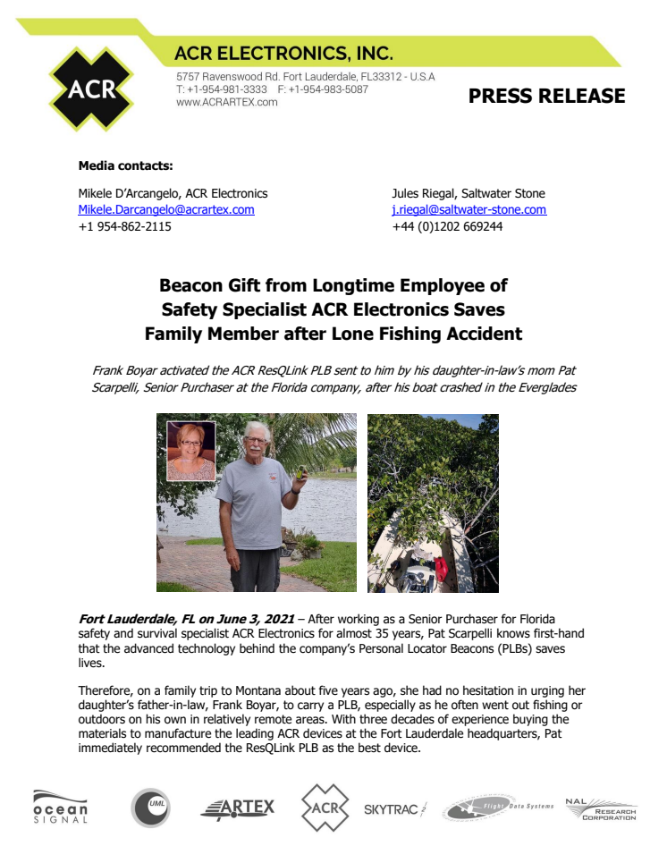 Beacon Gift from Longtime Employee of Safety Specialist ACR Electronics Saves Family Member after Lone Fishing Accident