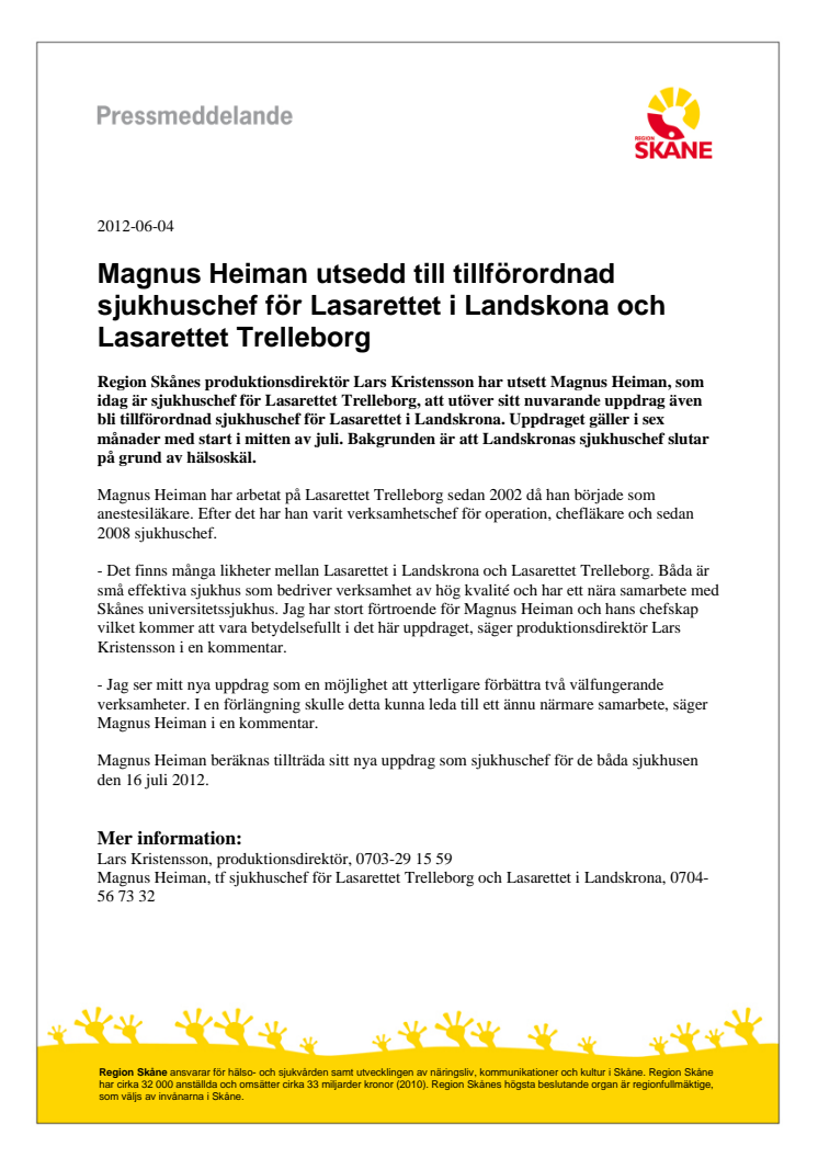 Magnus Heiman utsedd till tillförordnad sjukhuschef för Lasarettet i Landskona och Lasarettet Trelleborg