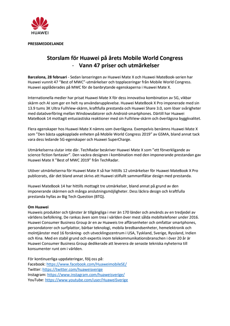Storslam för Huawei på årets Mobile World Congress  - Vann 47 priser och utmärkelser 