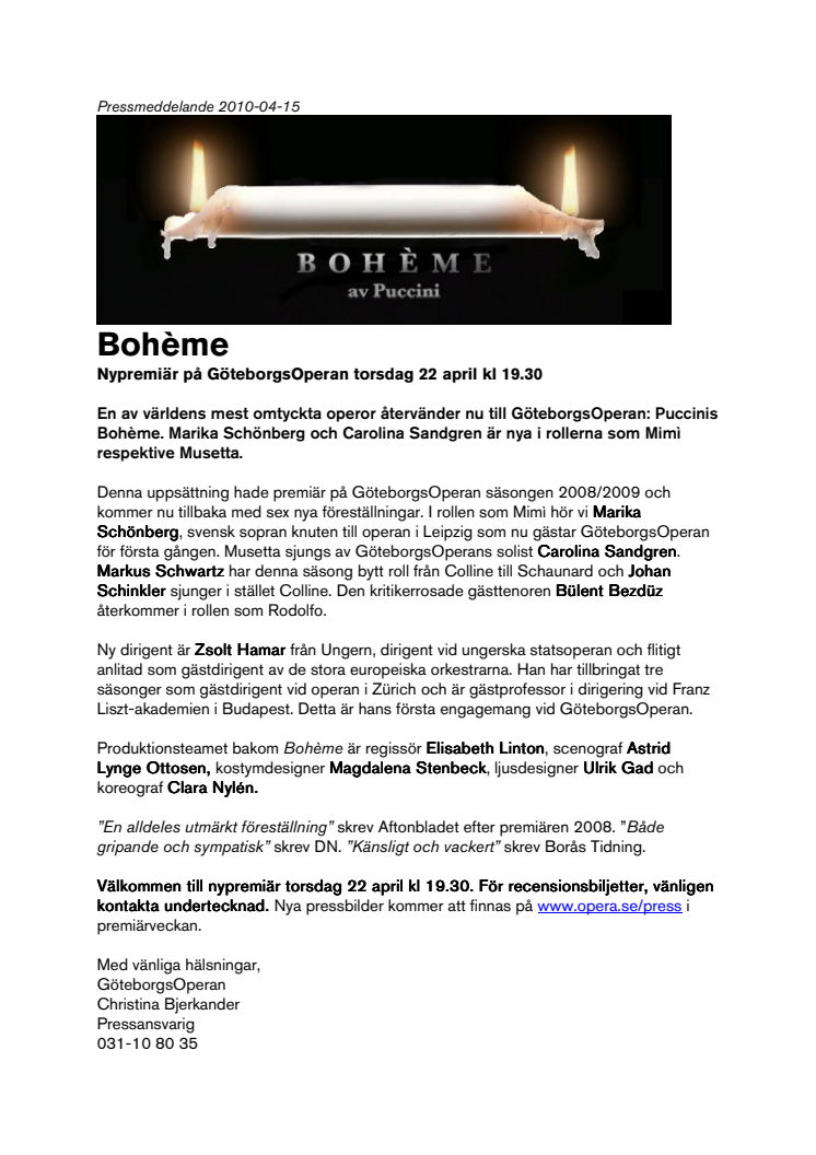 Bohème - Nypremiär på GöteborgsOperan torsdag 22 april kl 19.30