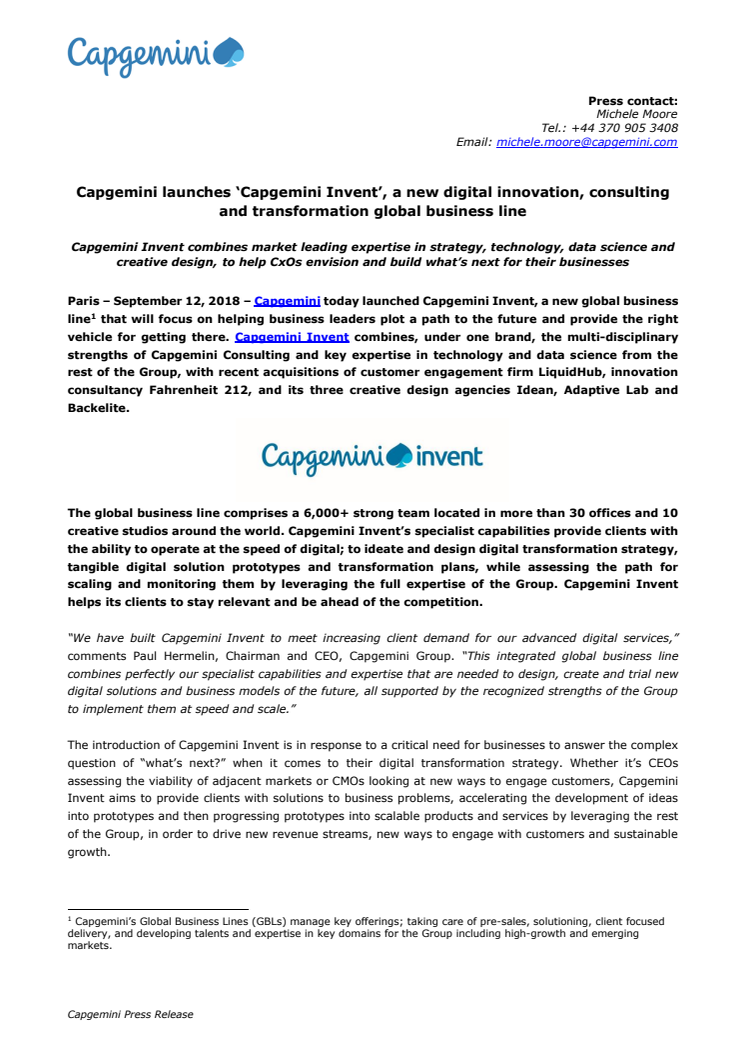 Capgemini lanserar “Capgemini Invent”, en ny global affärsenhet för konsultverksamhet, digital innovation och transformation