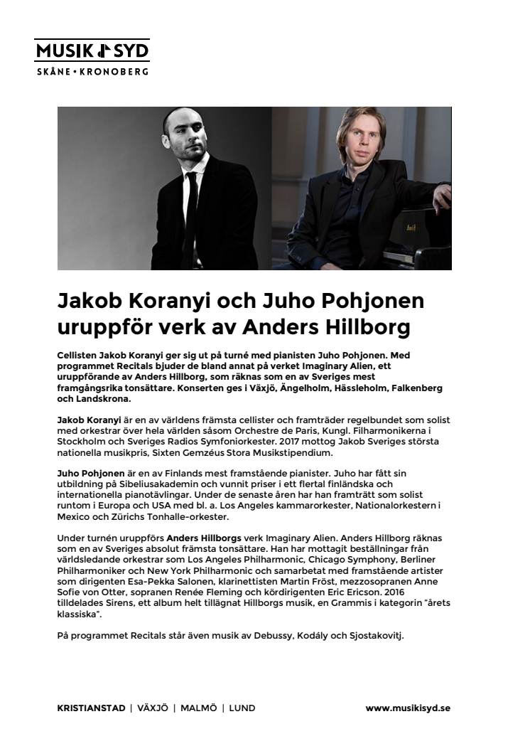 Jakob Koranyi och Juho Pohjonen uruppför verk av Anders Hillborg