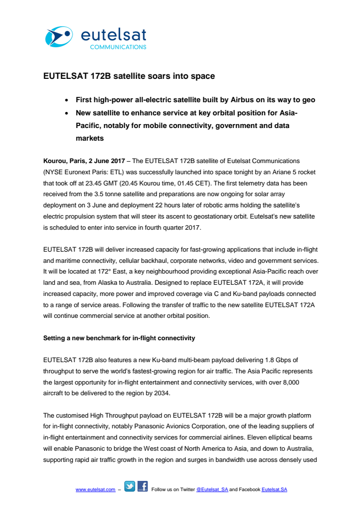 EUTELSAT 172B satellite soars into space