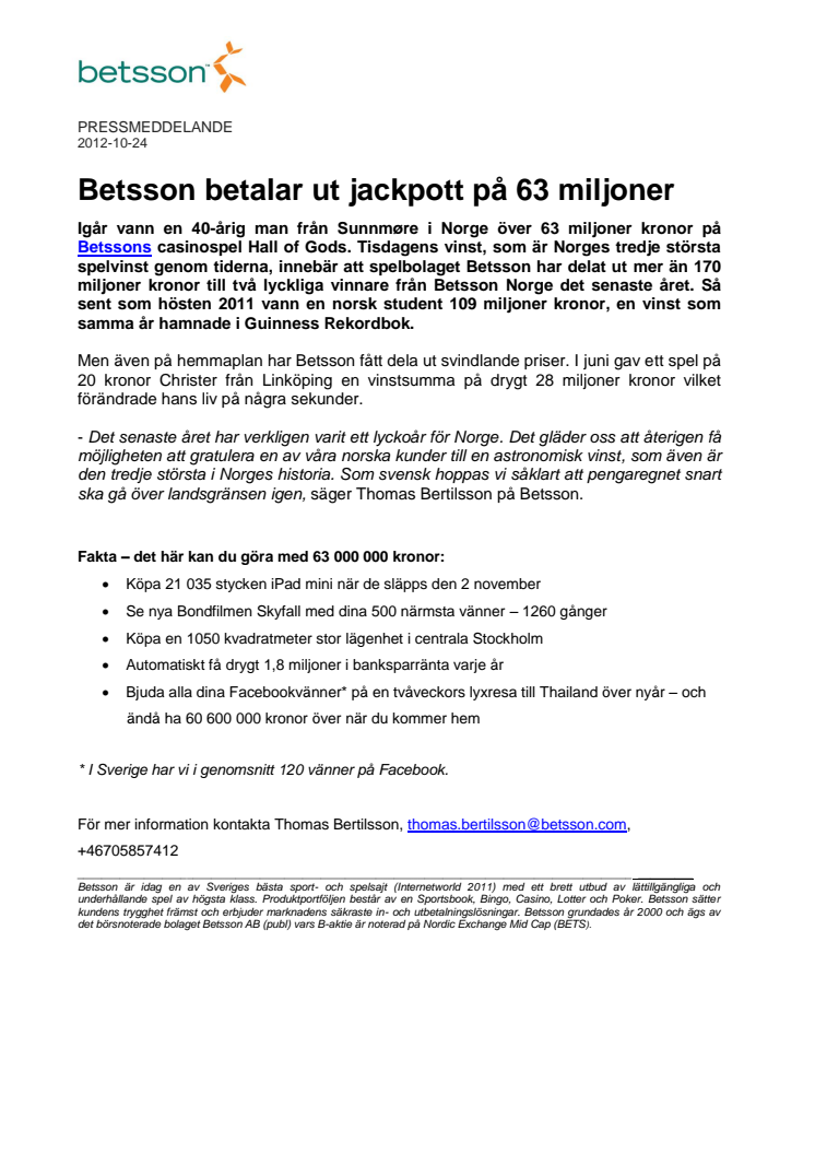 Betsson betalar ut jackpott på 63 miljoner