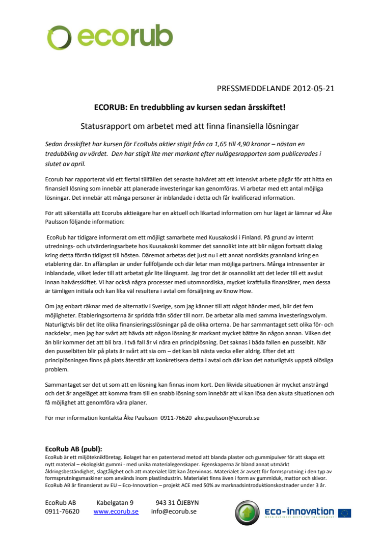 EcoRub: En tredubbling av kursen sedan årsskiftet!