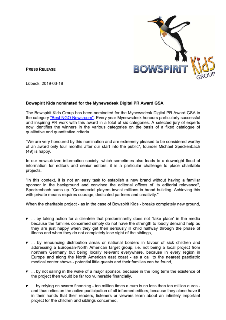 Bowspirit Kids nominated for the Mynewsdesk Digital PR Award GSA